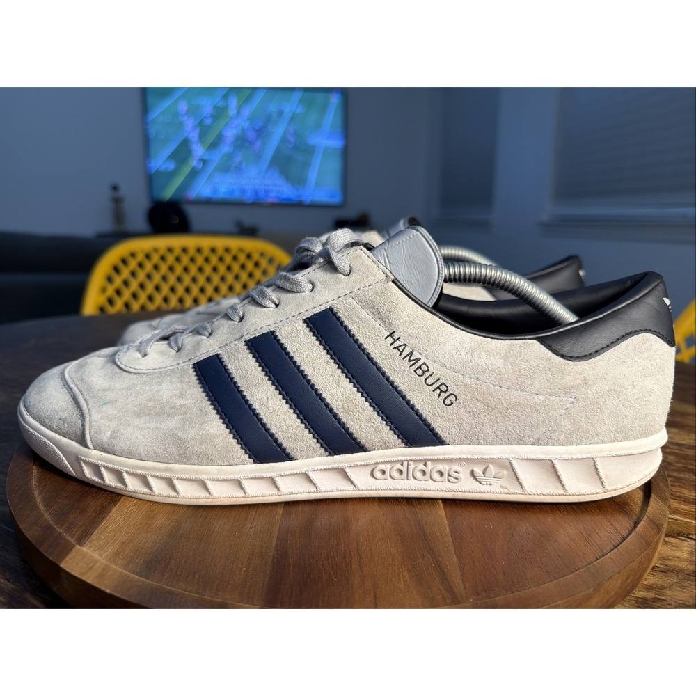 Adidas Originals Hamburg Mens 12 Gray Black Blue Suede Retro Sneaker GW5751